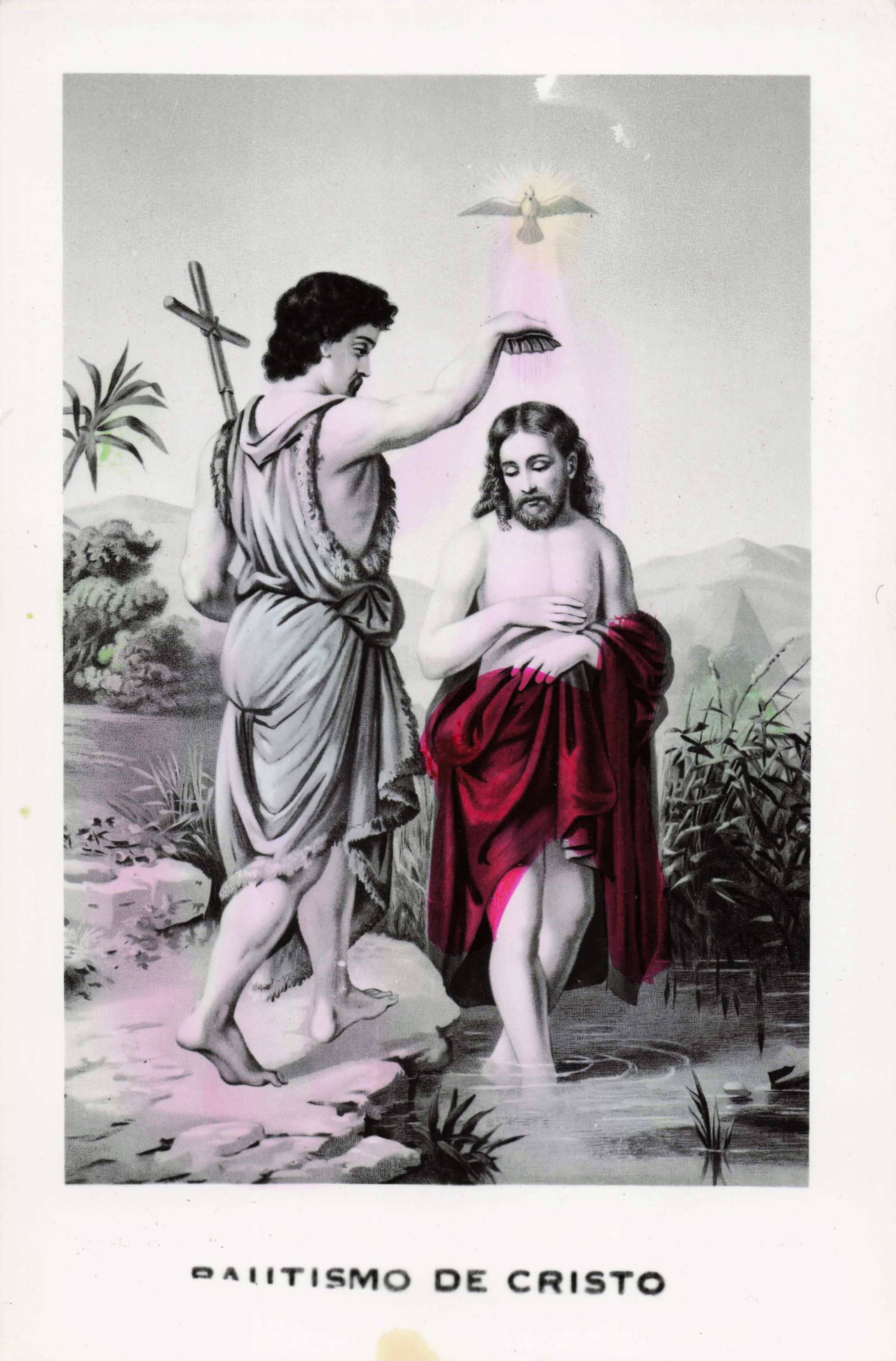 Illustration of a religious scene with two figures and a dove, set against a natural landscape.