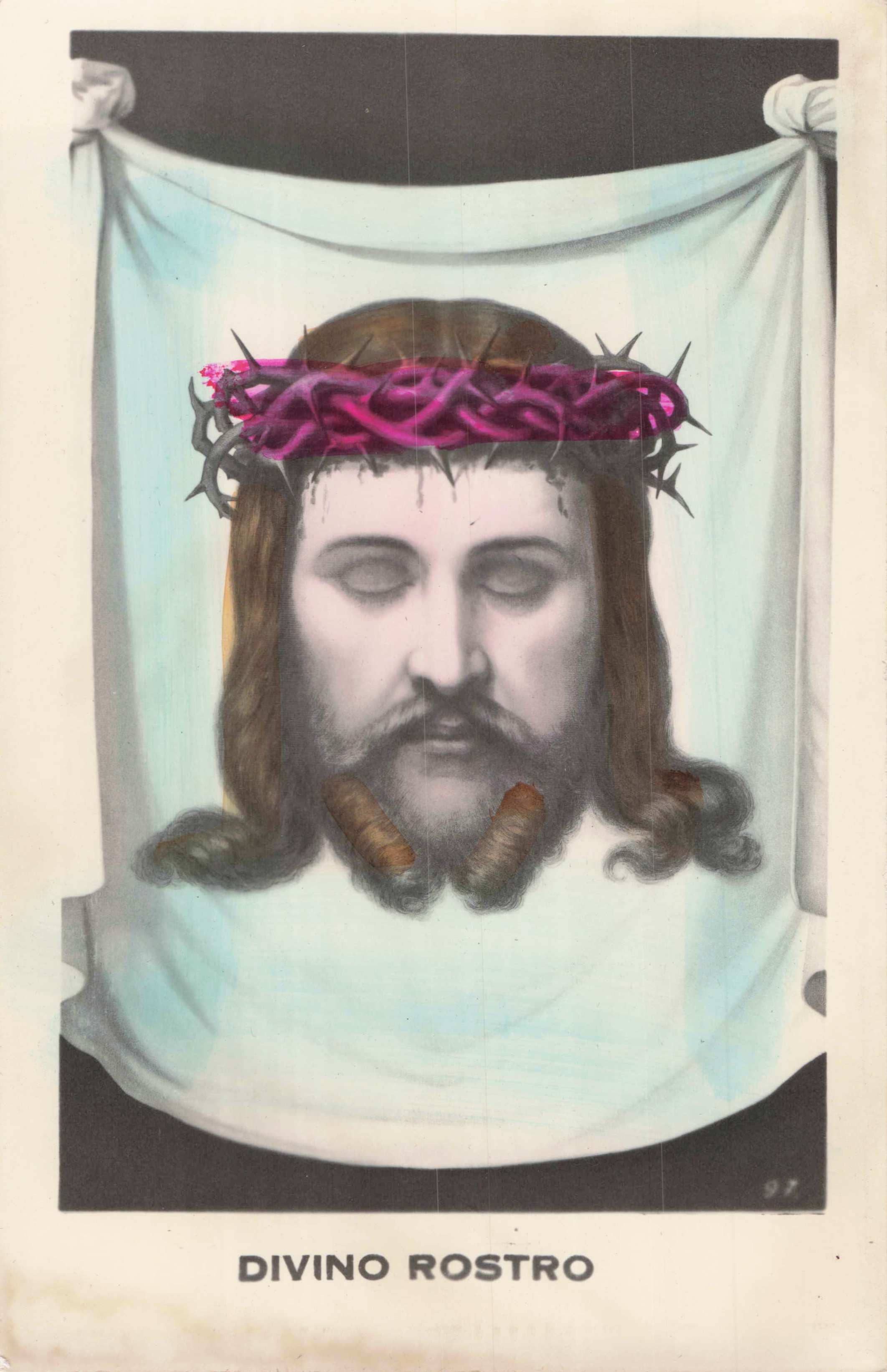 Illustration of a bearded man with a crown of thorns and a banner labeled 'Divino Rostro'.