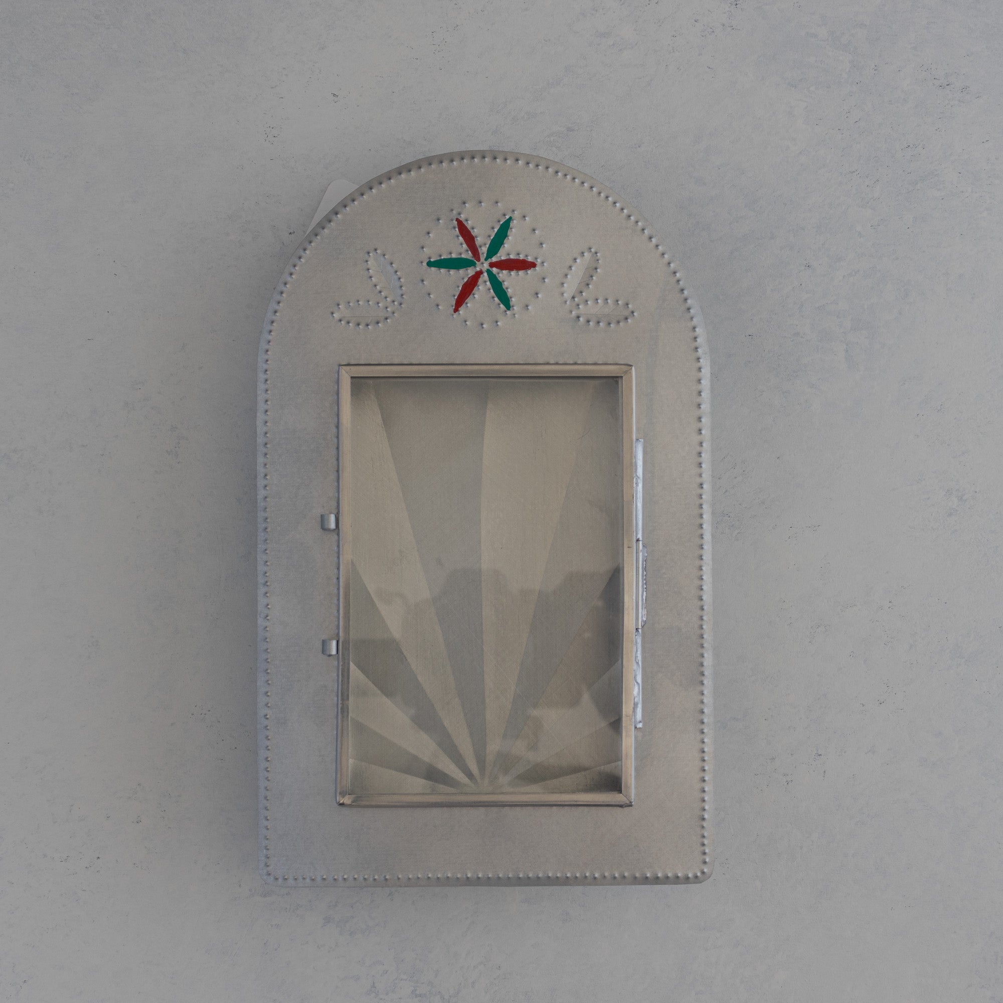 Nicho de Recuerdo in red and green painted finish with glass door, handmade in Santa Fe