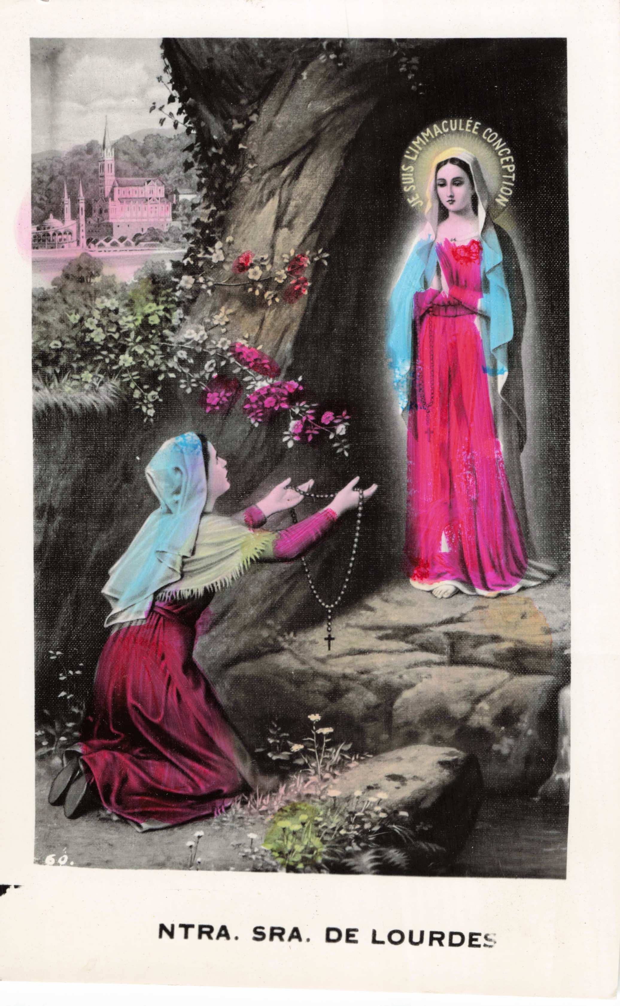 Vintage postcard of Our Lady of Lourdes with a kneeling figure holding a rosary.