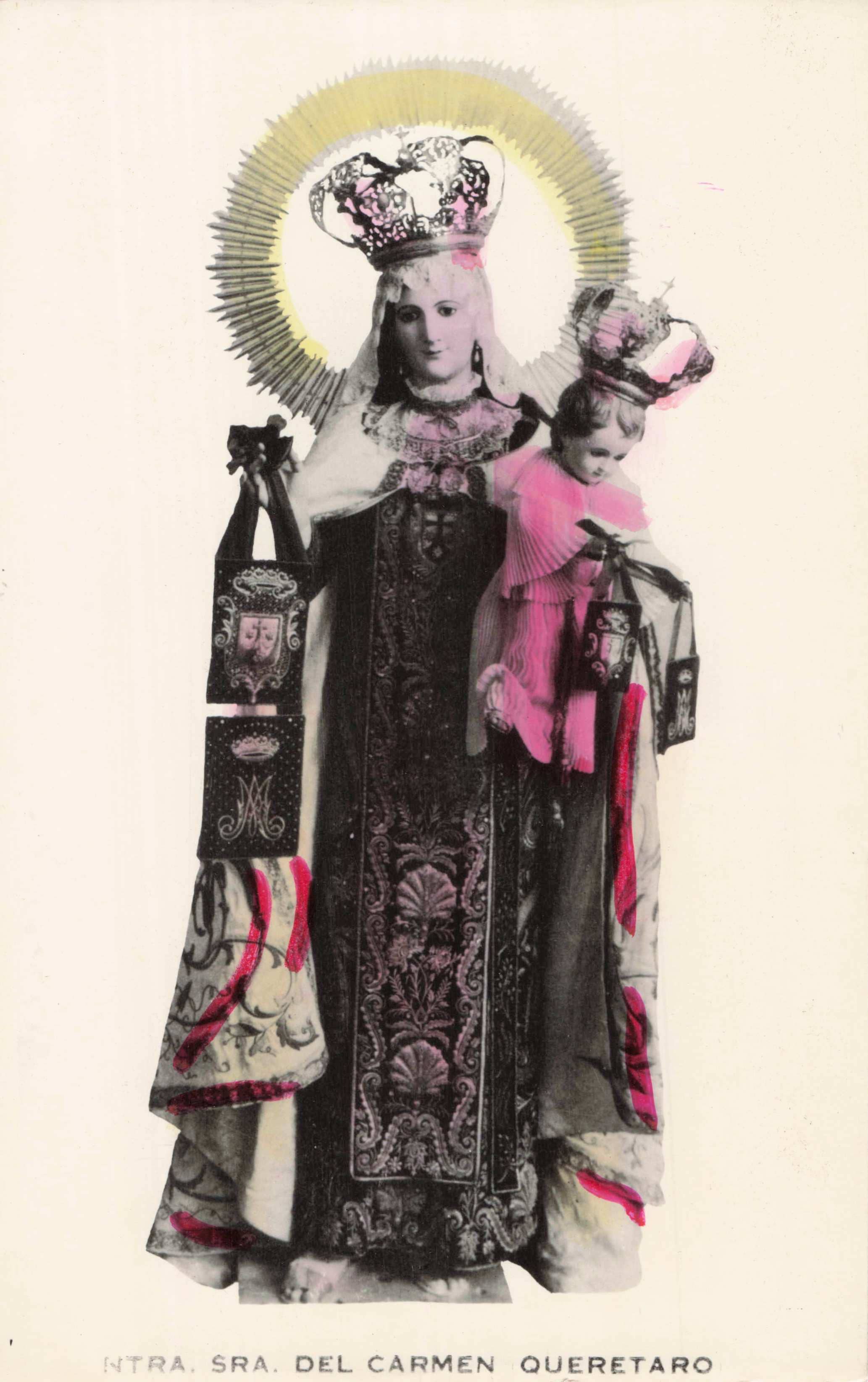 Decorative image of a religious figure with ornate clothing and a halo on a light background.