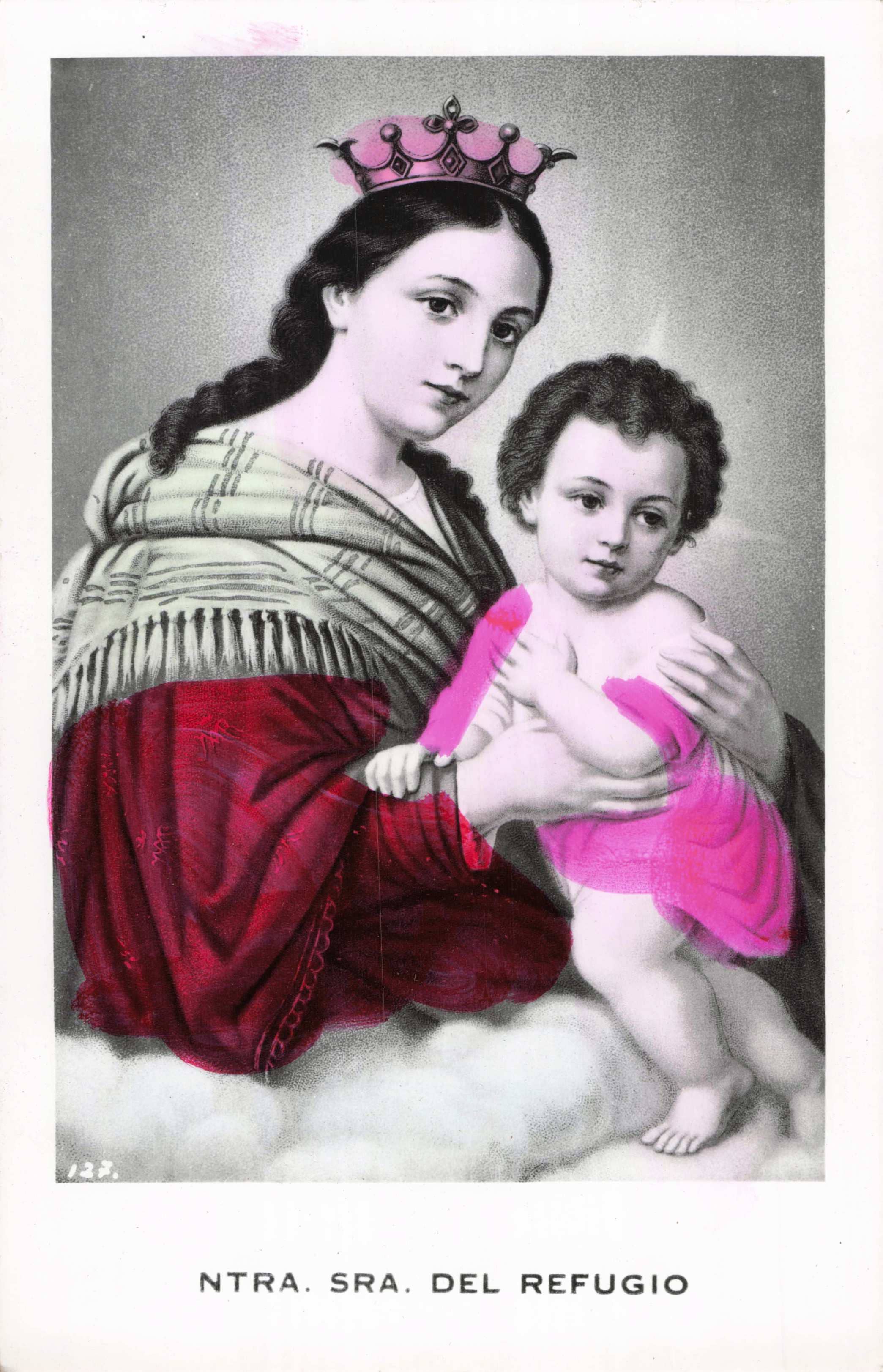 Stylized illustration of a woman holding a child with a pink crown and robe, labeled 'Ntra. Sra. del Refugio'.