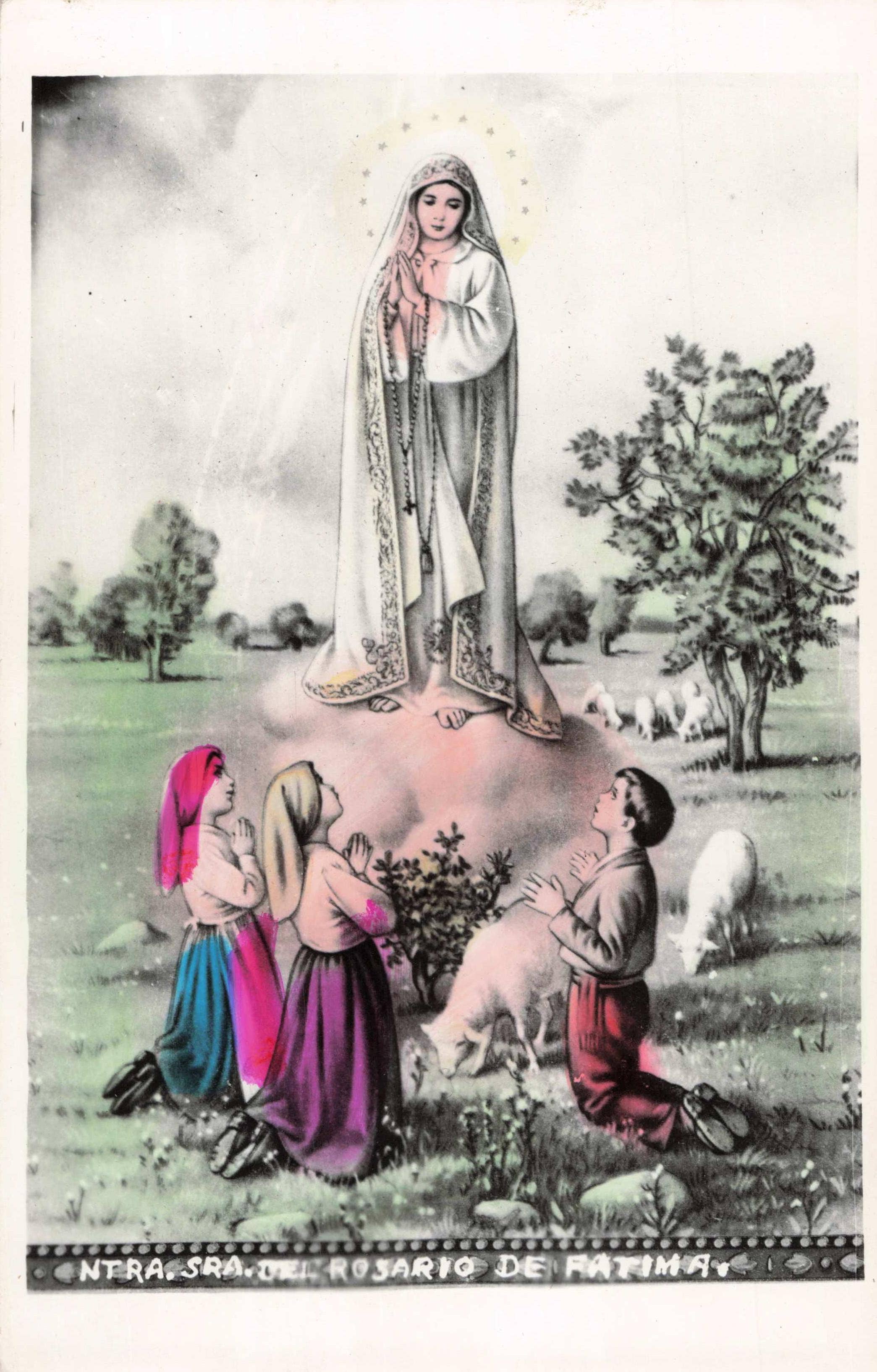 Vintage-style illustration of a religious scene with a woman in a white robe and two children in a pastoral setting.