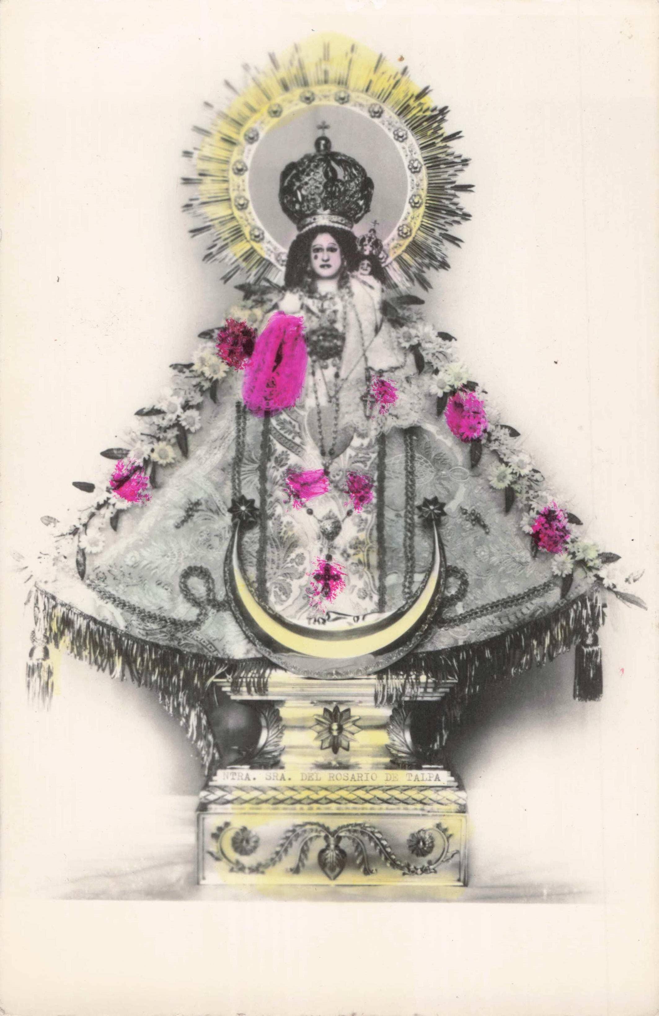 Decorative image of a religious figure with floral elements on a white background