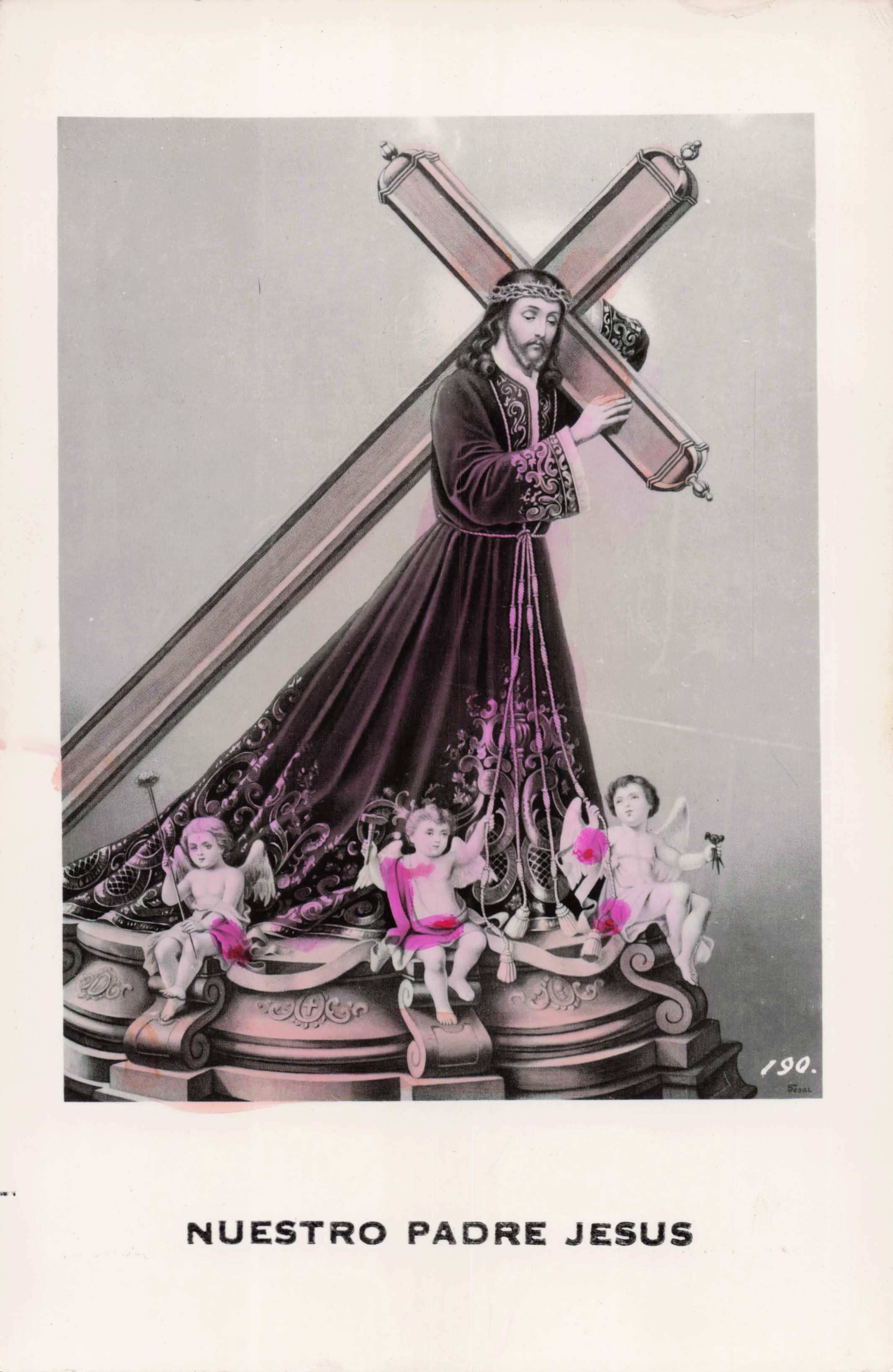 Illustration of a figure holding a cross with cherubs below, labeled 'Nuestro Padre Jesus'.