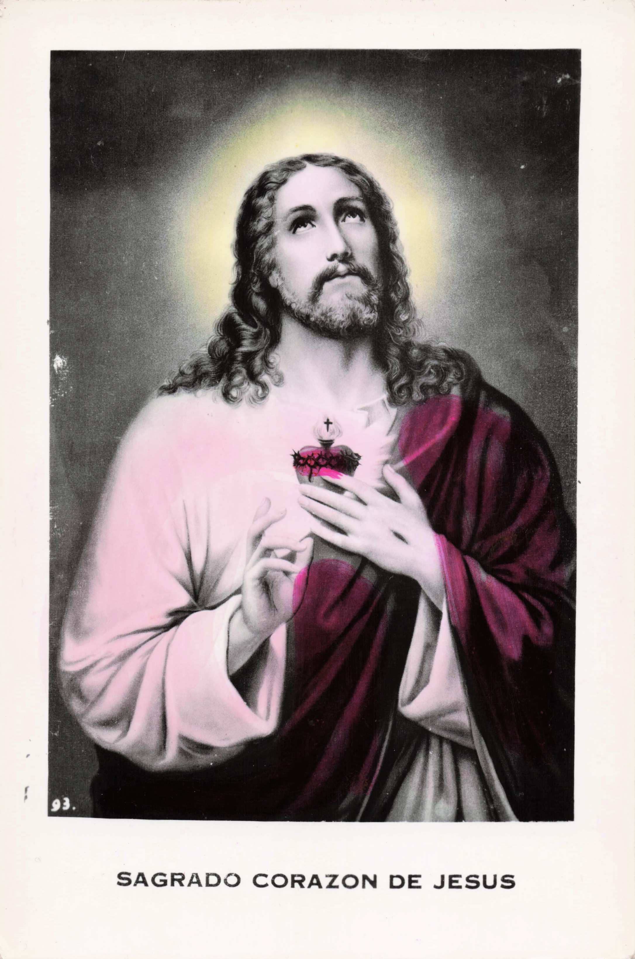 Stylized depiction of a religious figure with a halo, holding a heart, on a dark background.