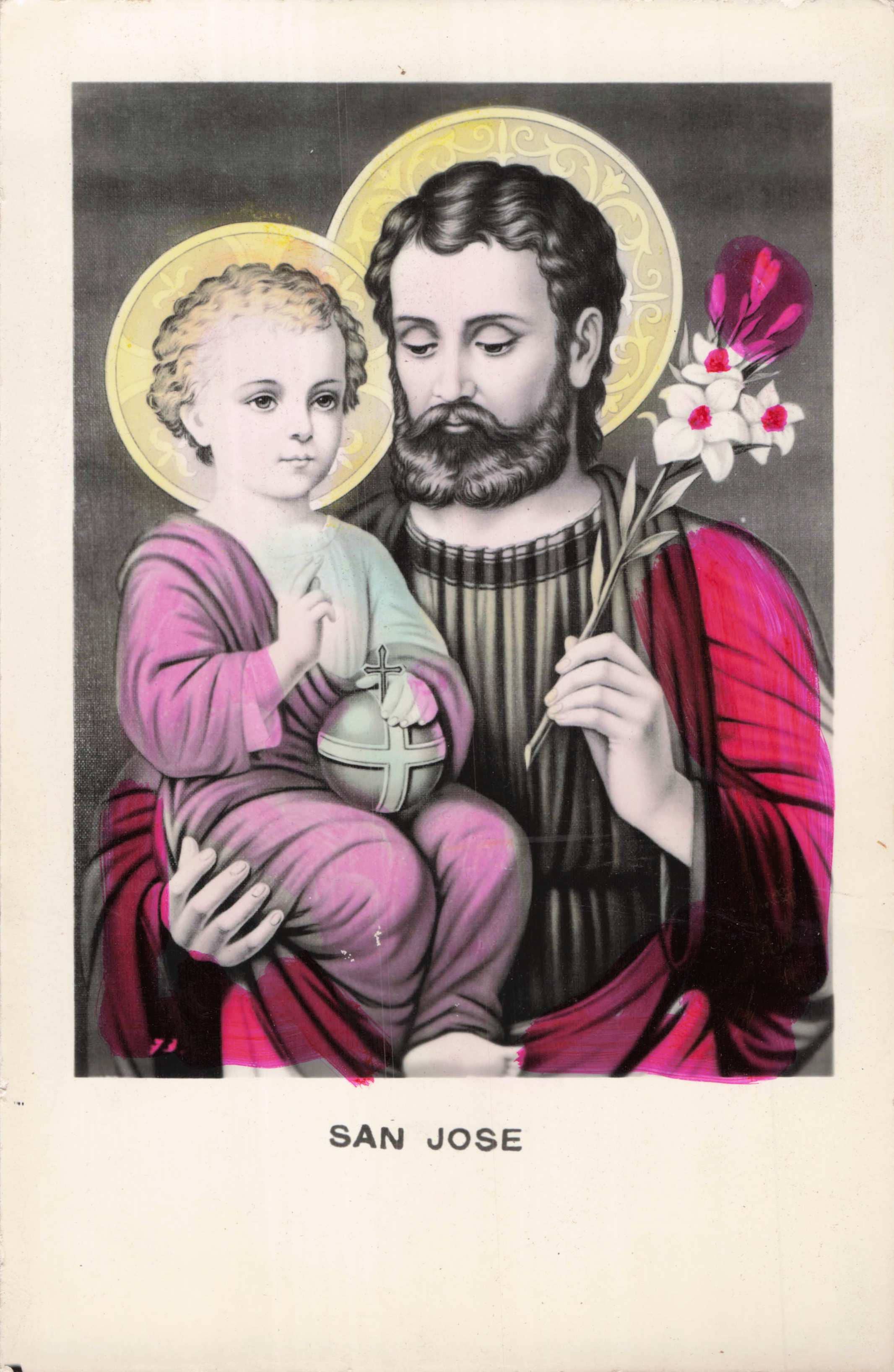 St. Joseph holding a child with a flower, framed by a halo, on a light background.