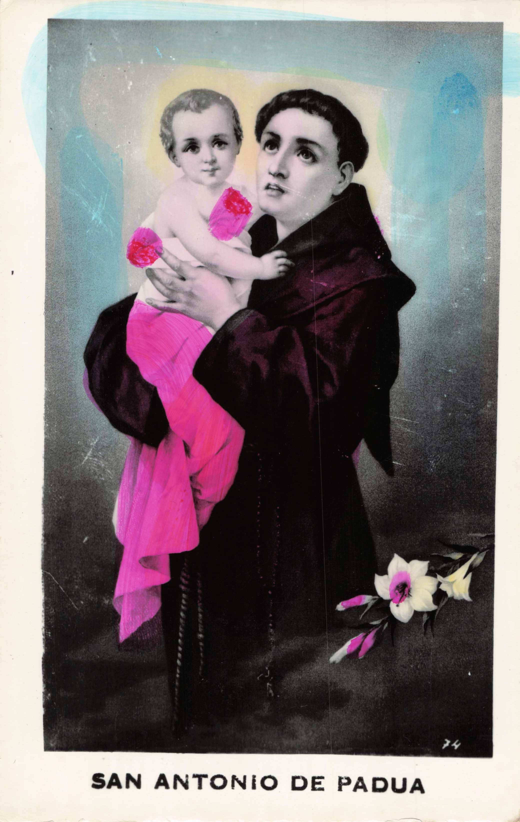 St. Anthony of Padua holding a child with a floral arrangement on a vintage-style card.