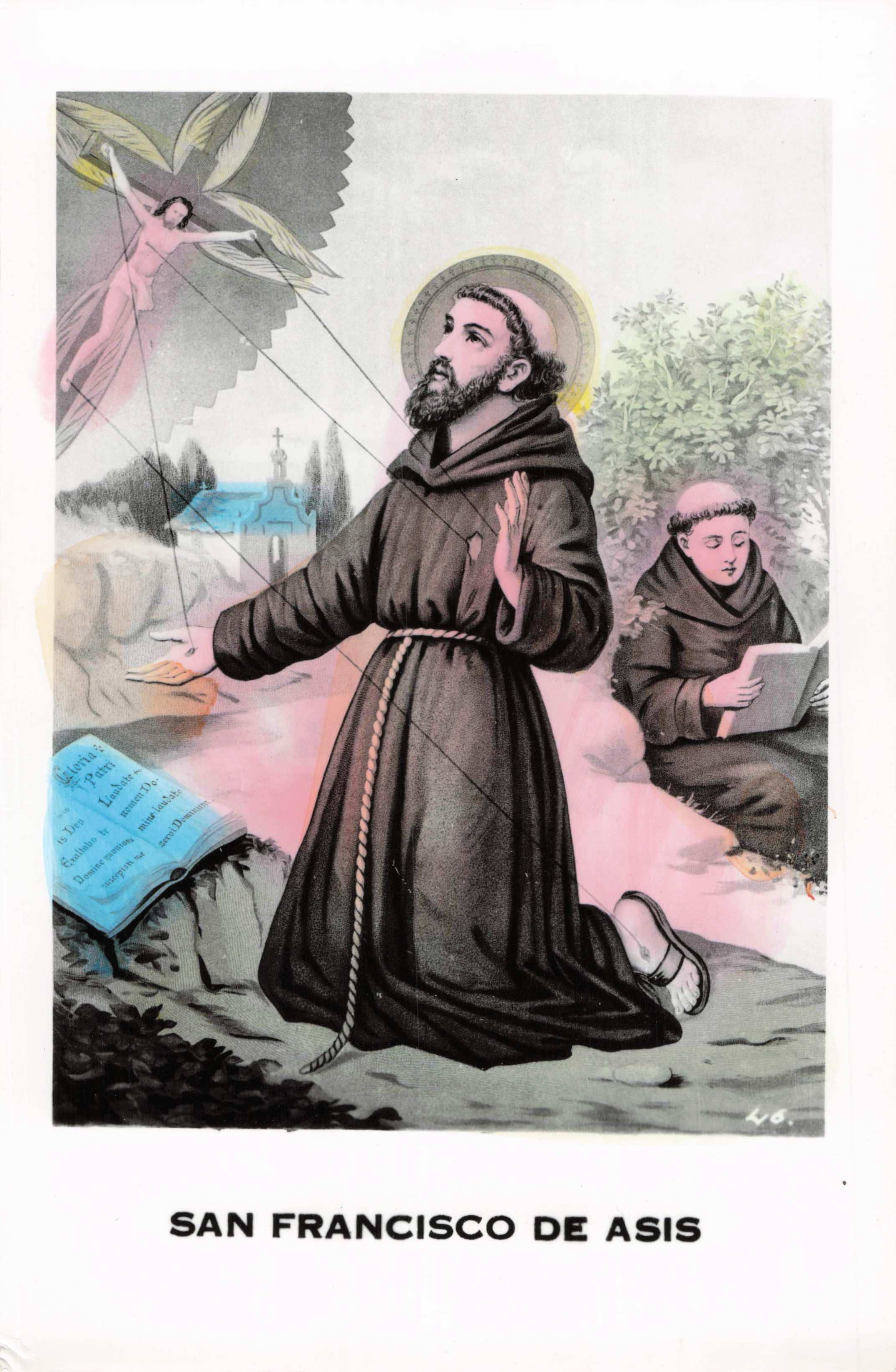 Illustration of Saint Francis of Assisi with a pink halo, kneeling and holding a book, with another person reading in the background.
