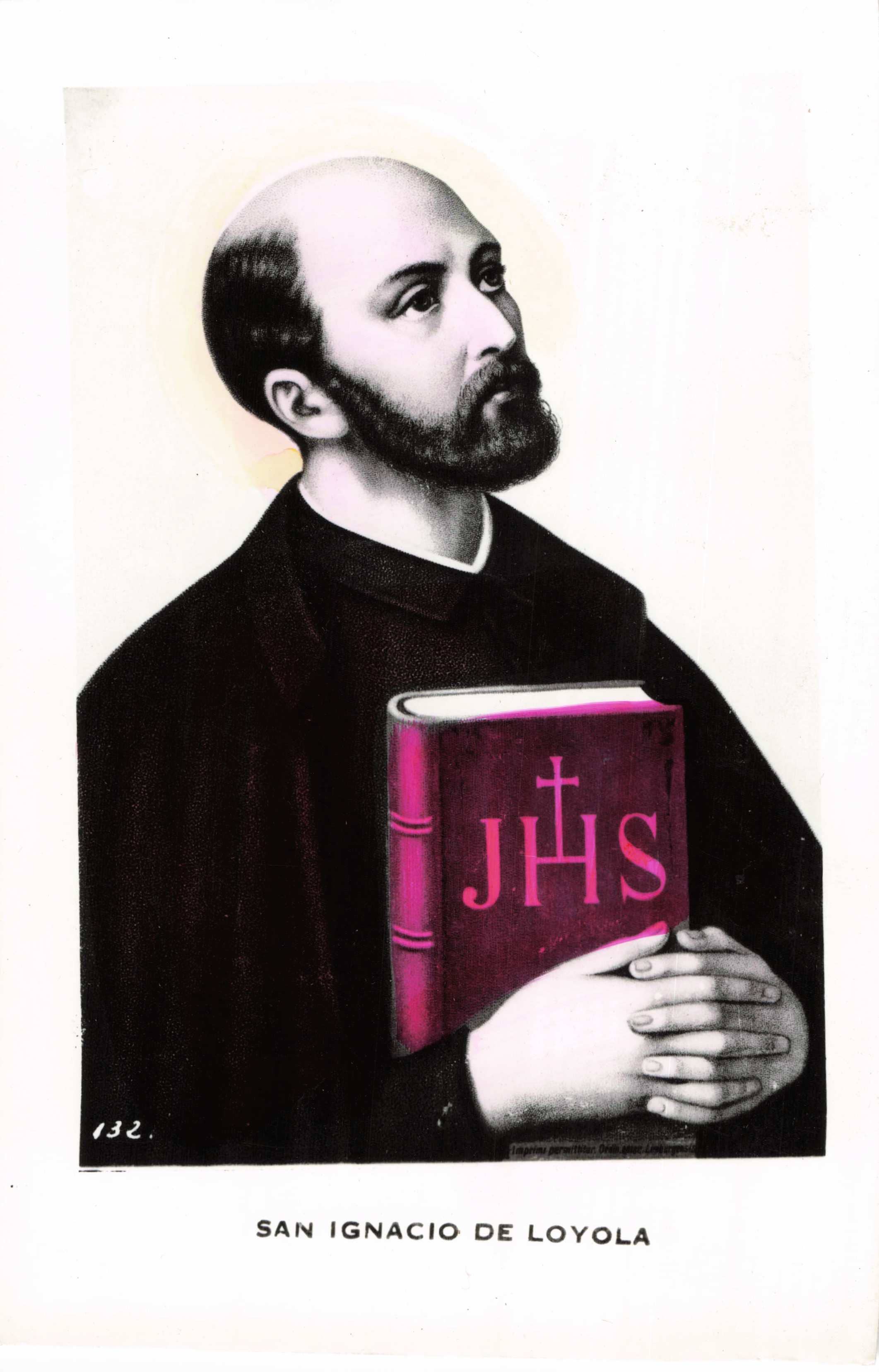 St. Ignatius of Loyola holding a book with 'JHS' on a white background