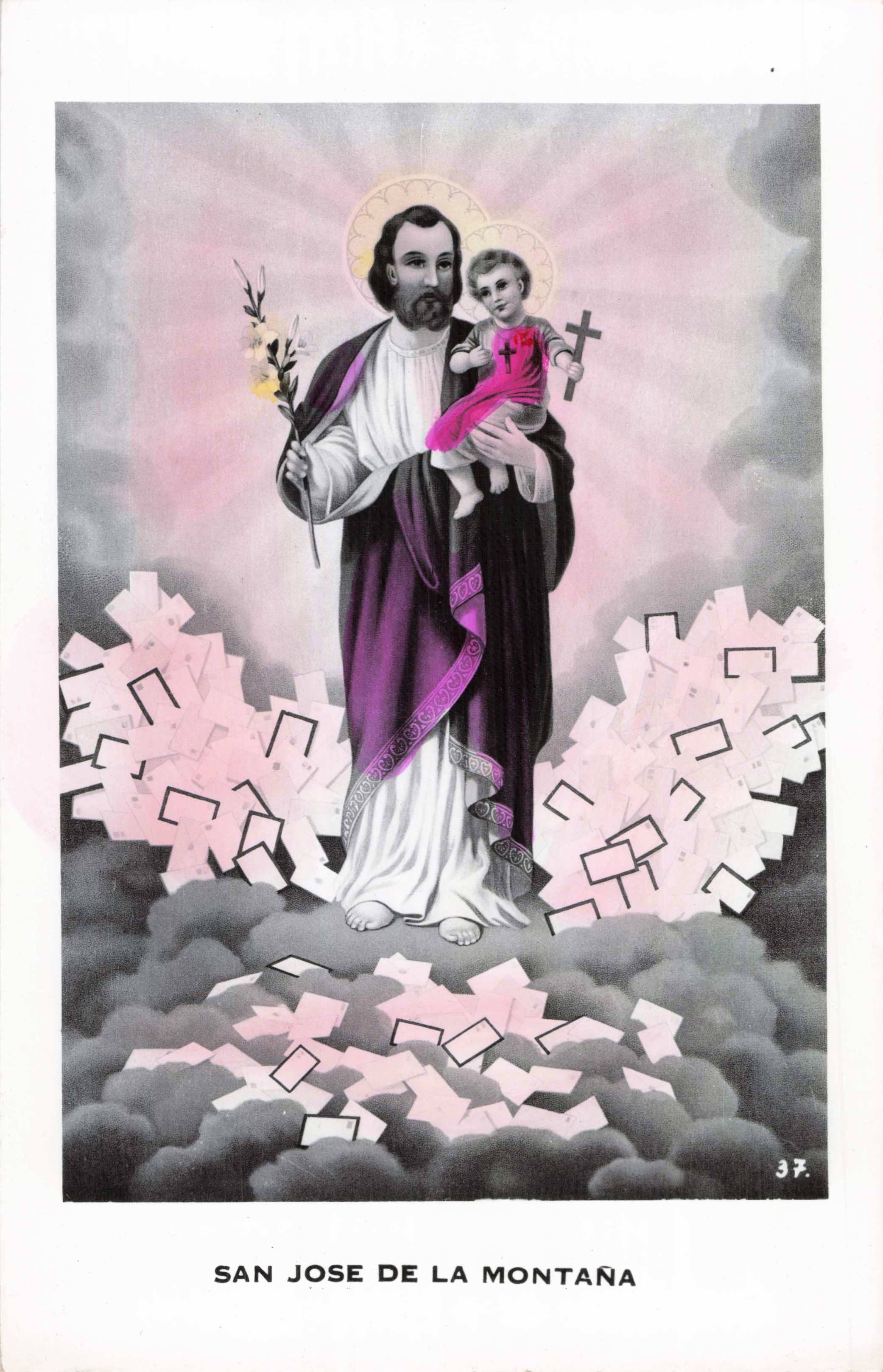 Saint Joseph holding a child on a cloud with pink and white designs