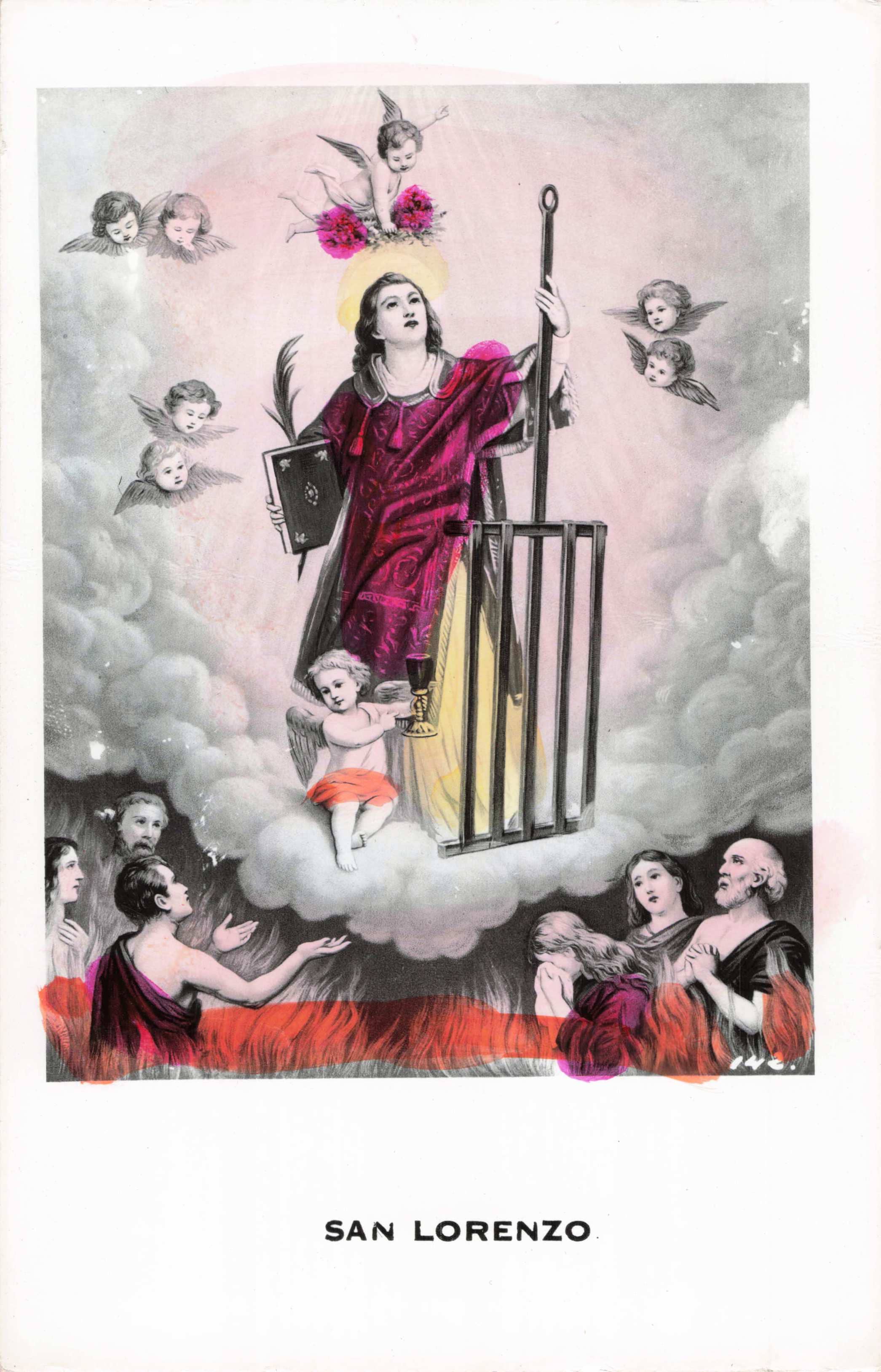 Saint Lorenzo depicted in a religious artwork with angels and clouds.