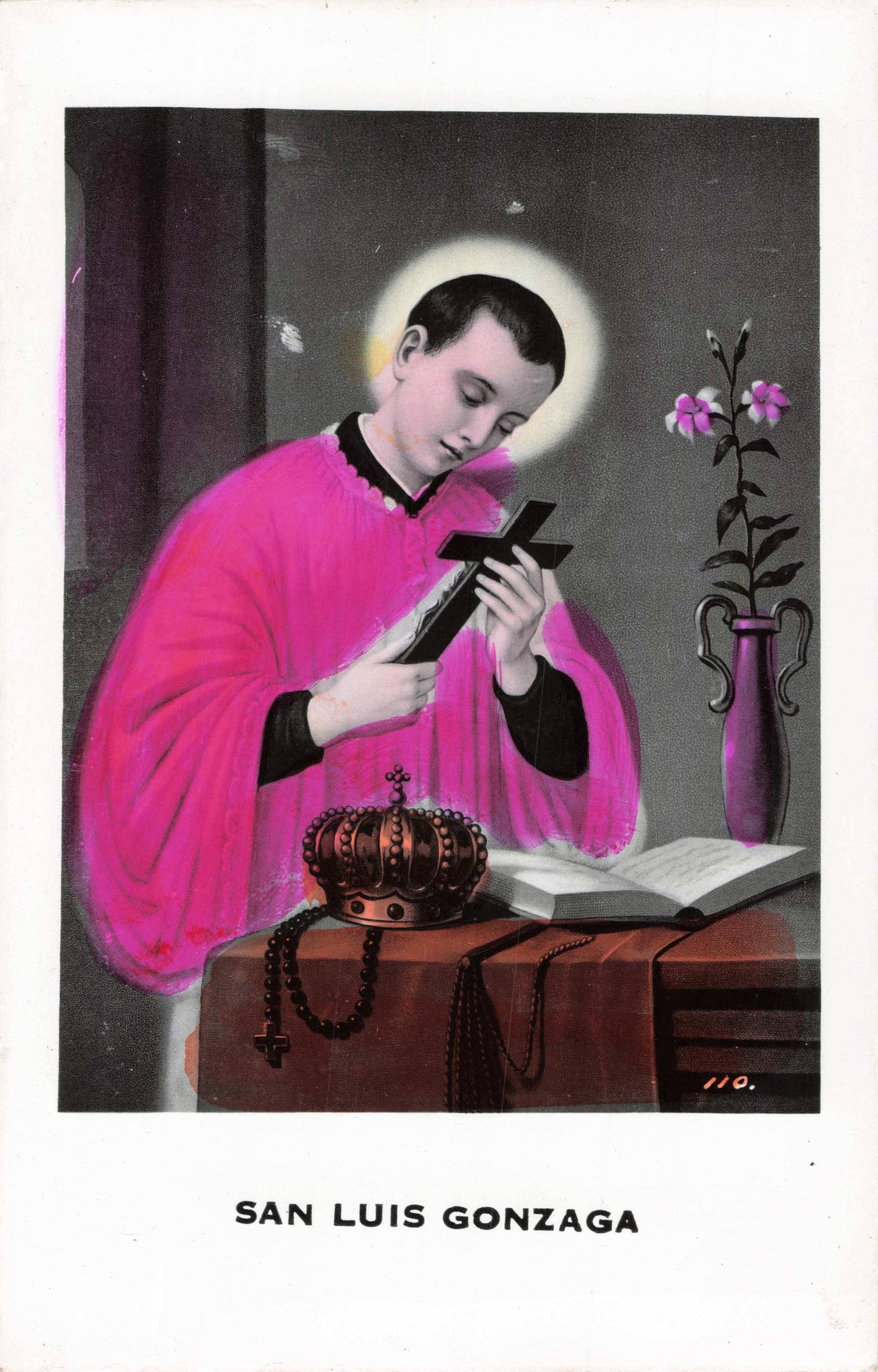 St. Louis Gonzaga in a pink robe holding a book with a purple flower and crown in the background.