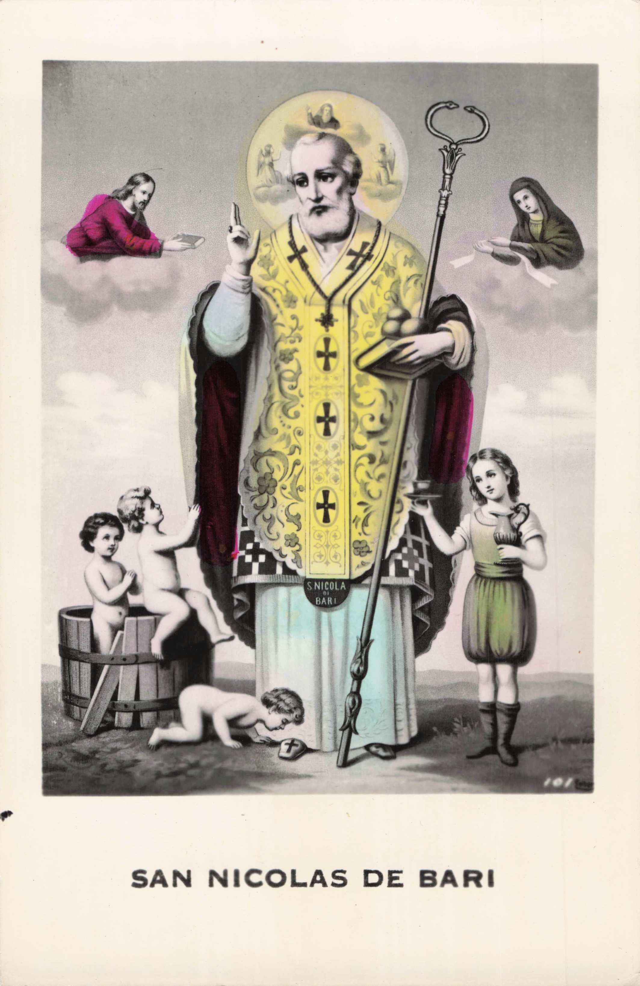St. Nicholas of Bari with children and a basket, colored illustration.