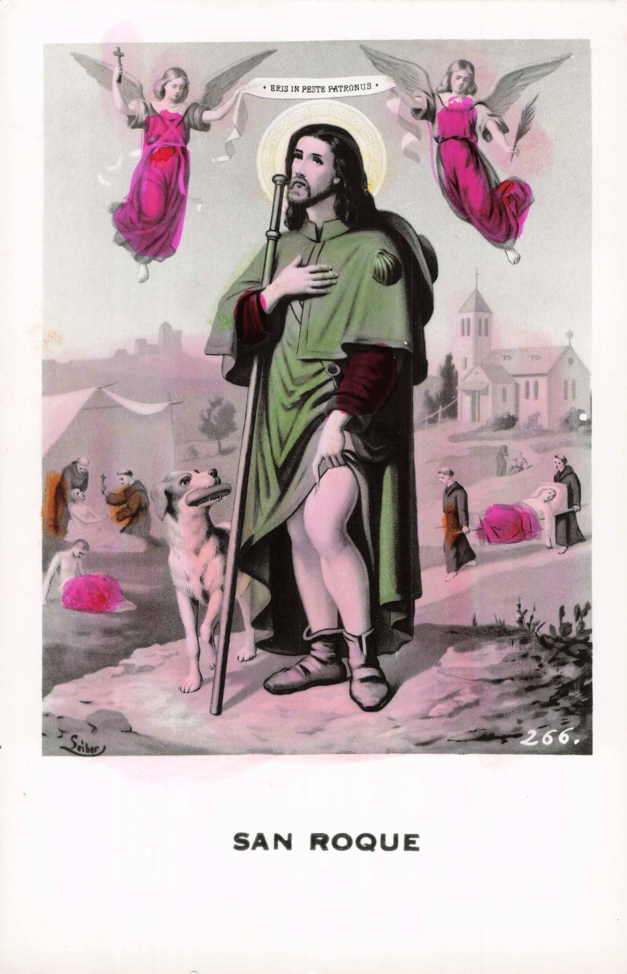 St. Roch with angels and a dog in a pastoral scene, with 'San Roque' text at the bottom.