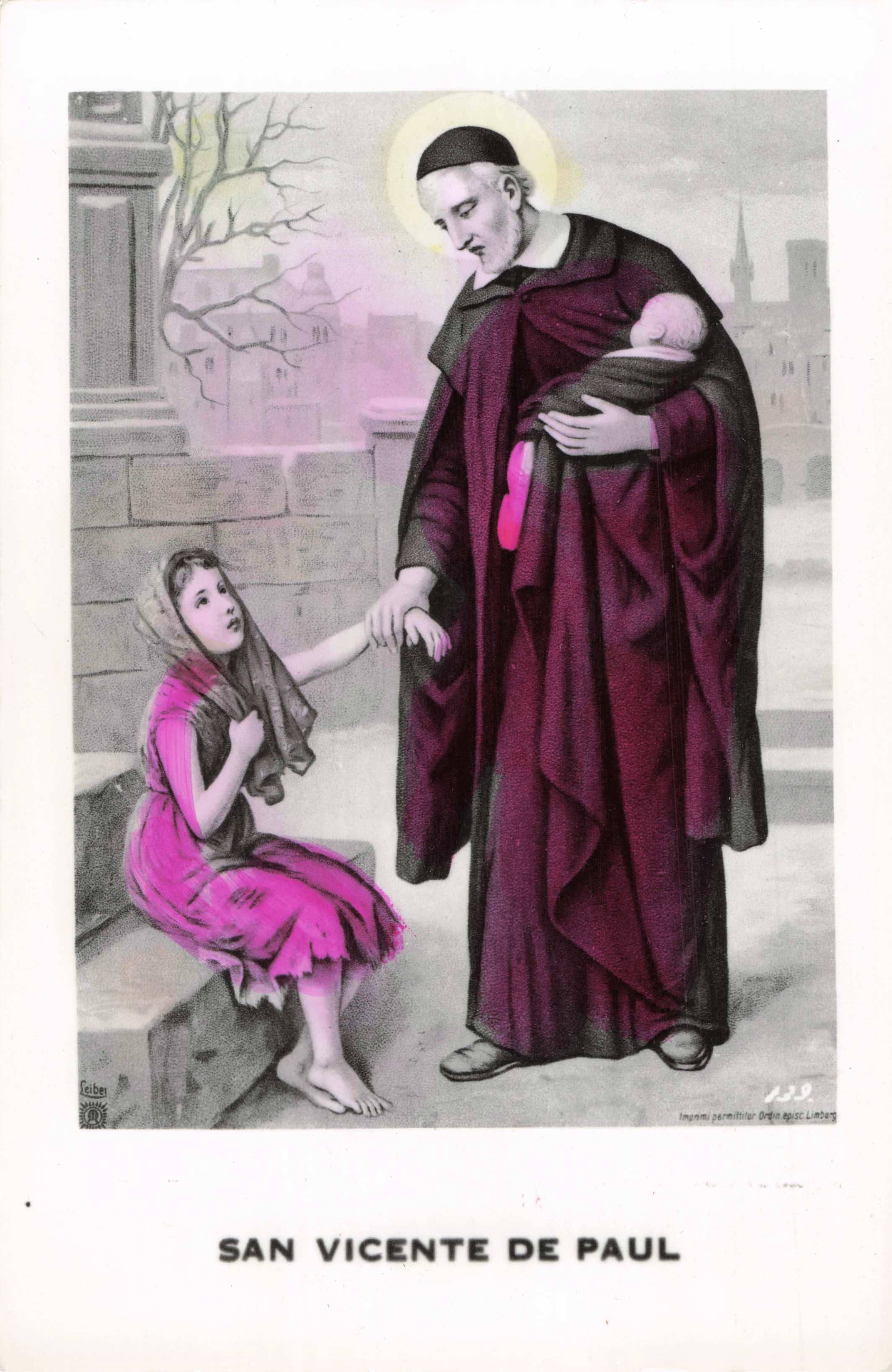Illustration of a religious figure in a dark robe interacting with a child in a pink dress, with 'San Vicente de Paul' text at the bottom.