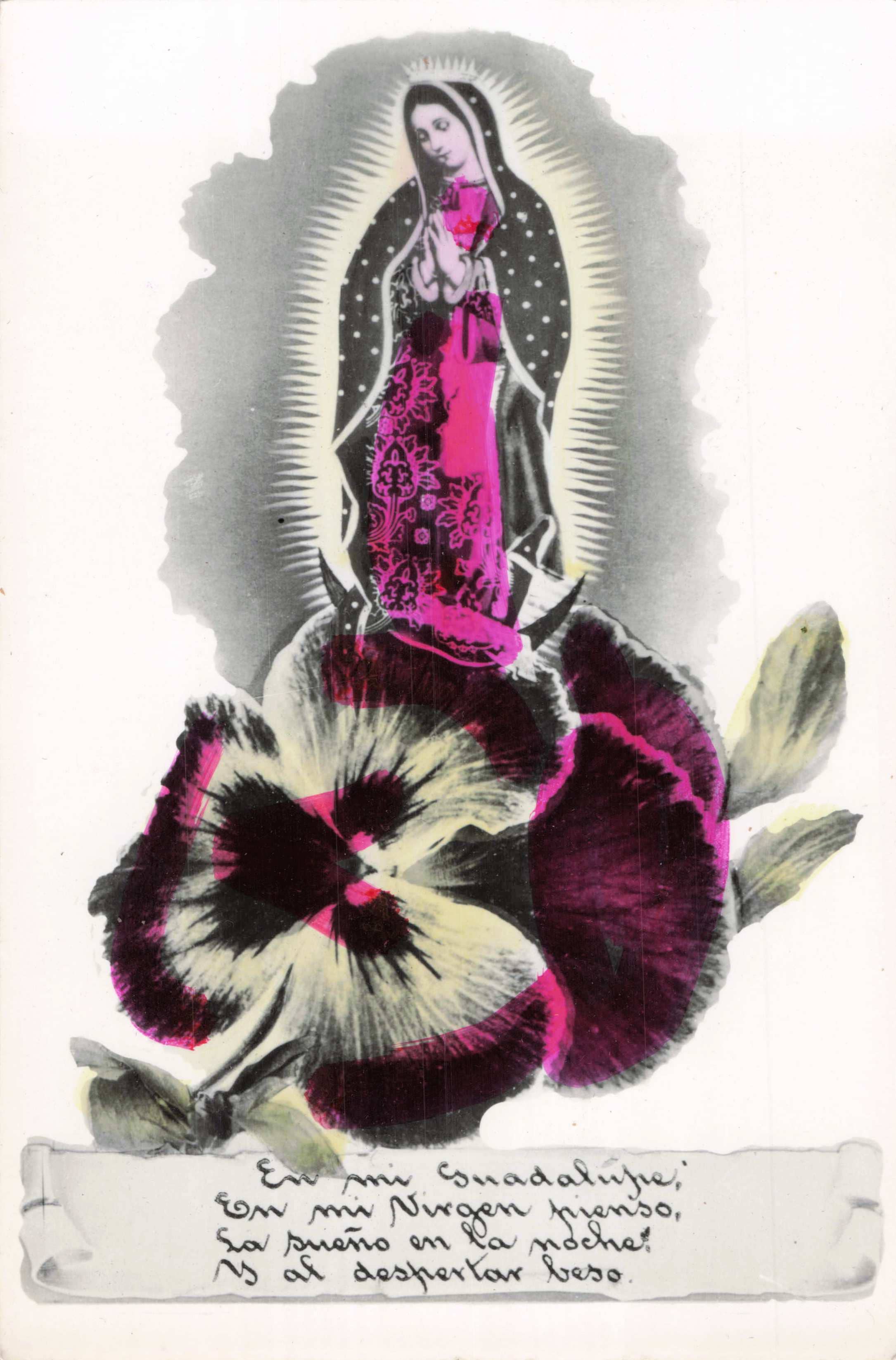 Stylized depiction of a religious figure with flowers on a white background