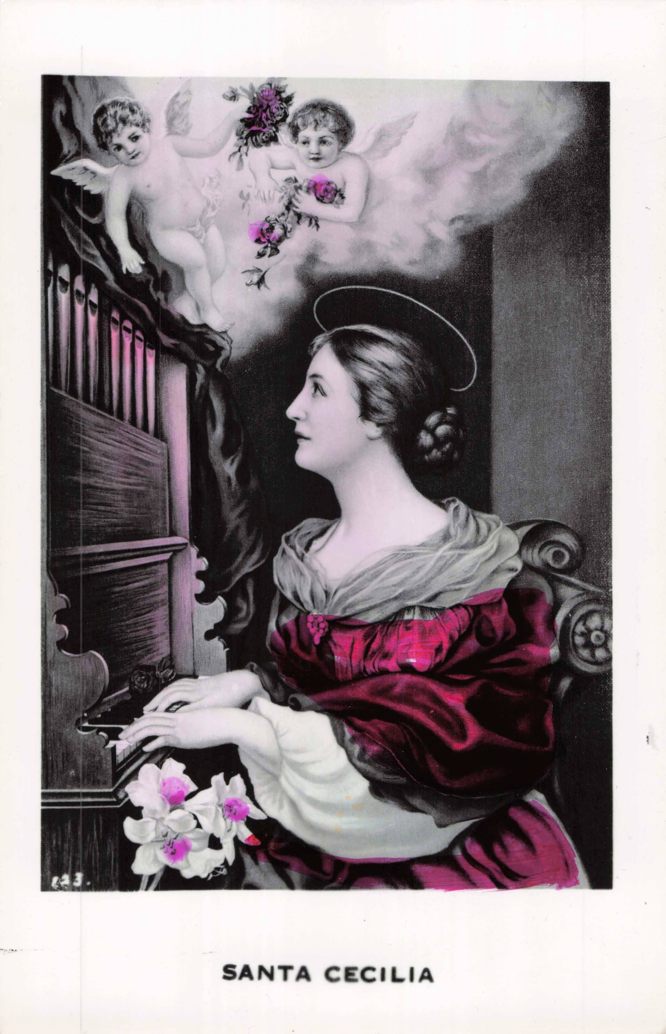 St. Cecilia playing an organ with angelic figures above, in a vintage style.