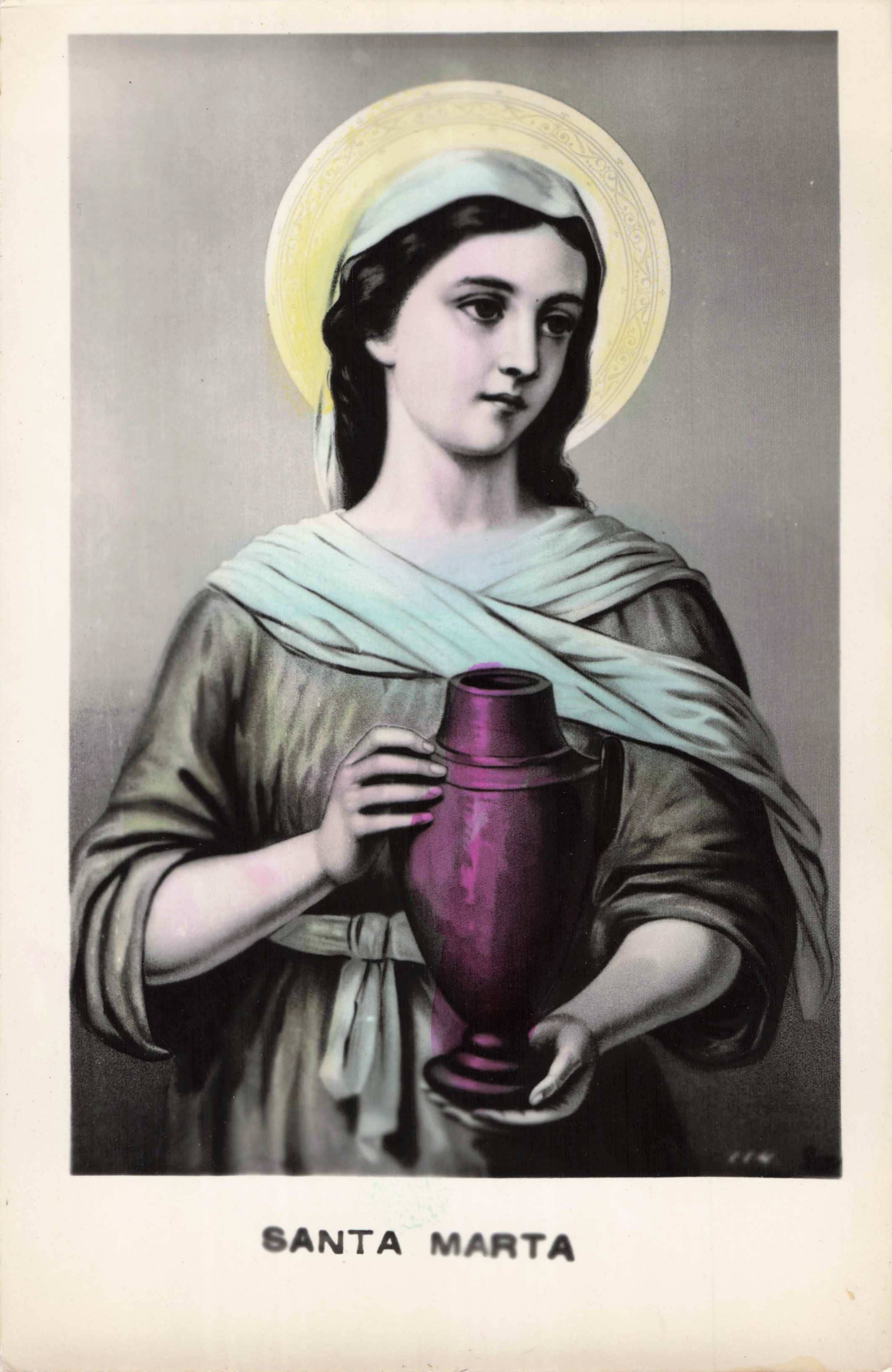 St. Martha holding a purple jar with a halo above her head on a gray background.