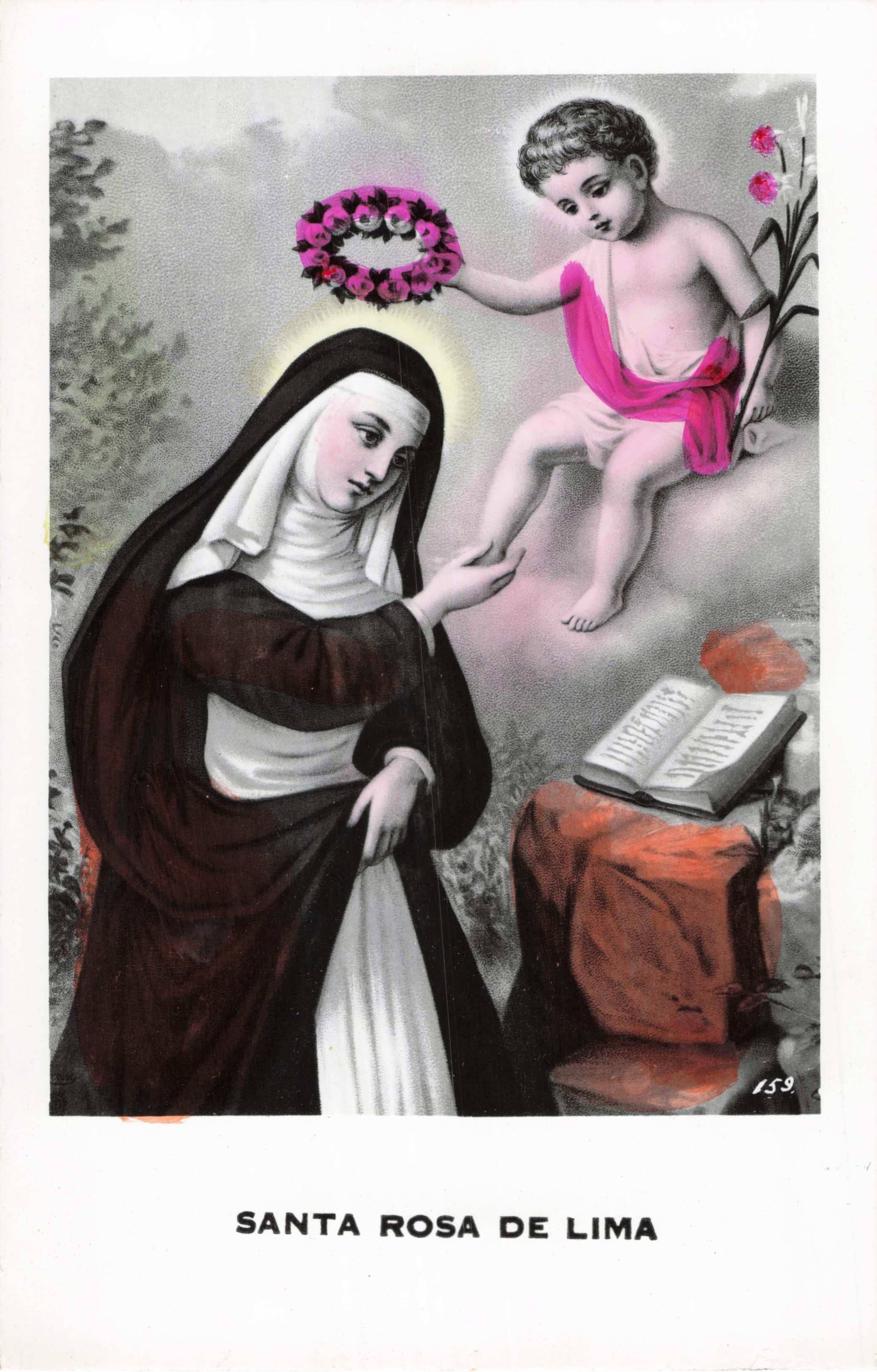 Illustration of a nun receiving a wreath from an angel, with 'Santa Rosa de Lima' at the bottom.