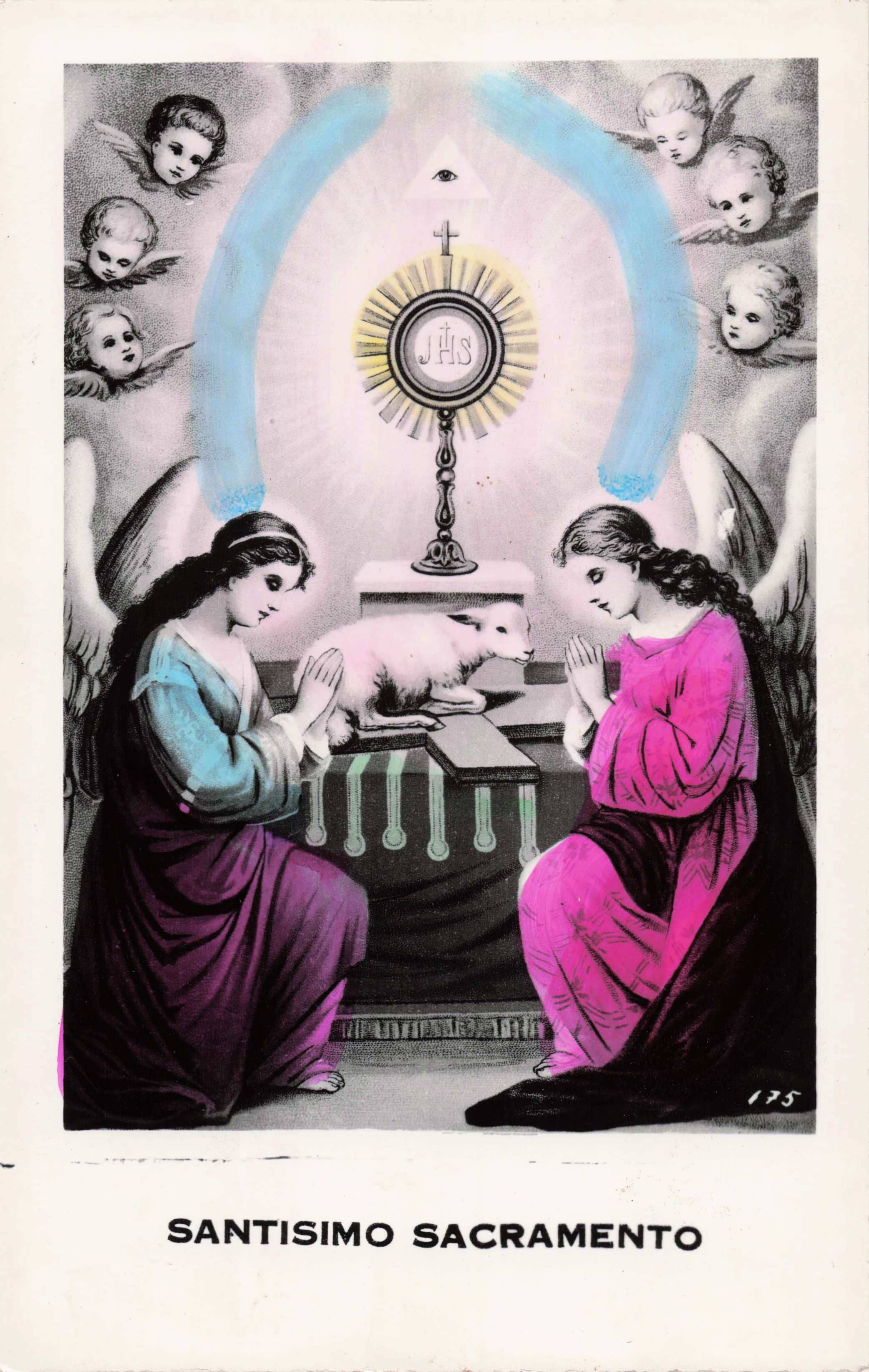 Religious card with two figures kneeling before an altar with a monstrance, surrounded by cherubs.