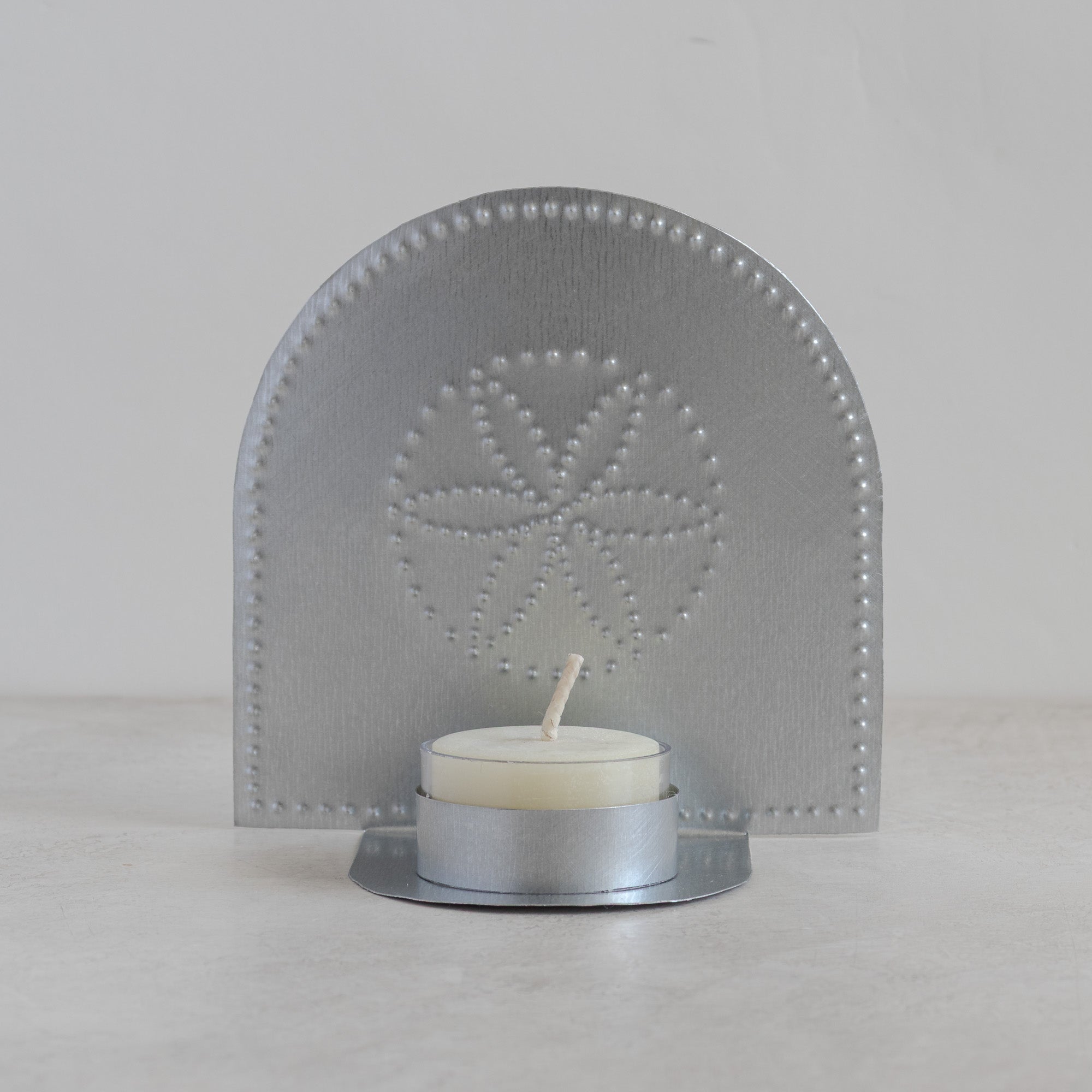 Flor tealight candleholder in natural tin with beeswax tealight candle