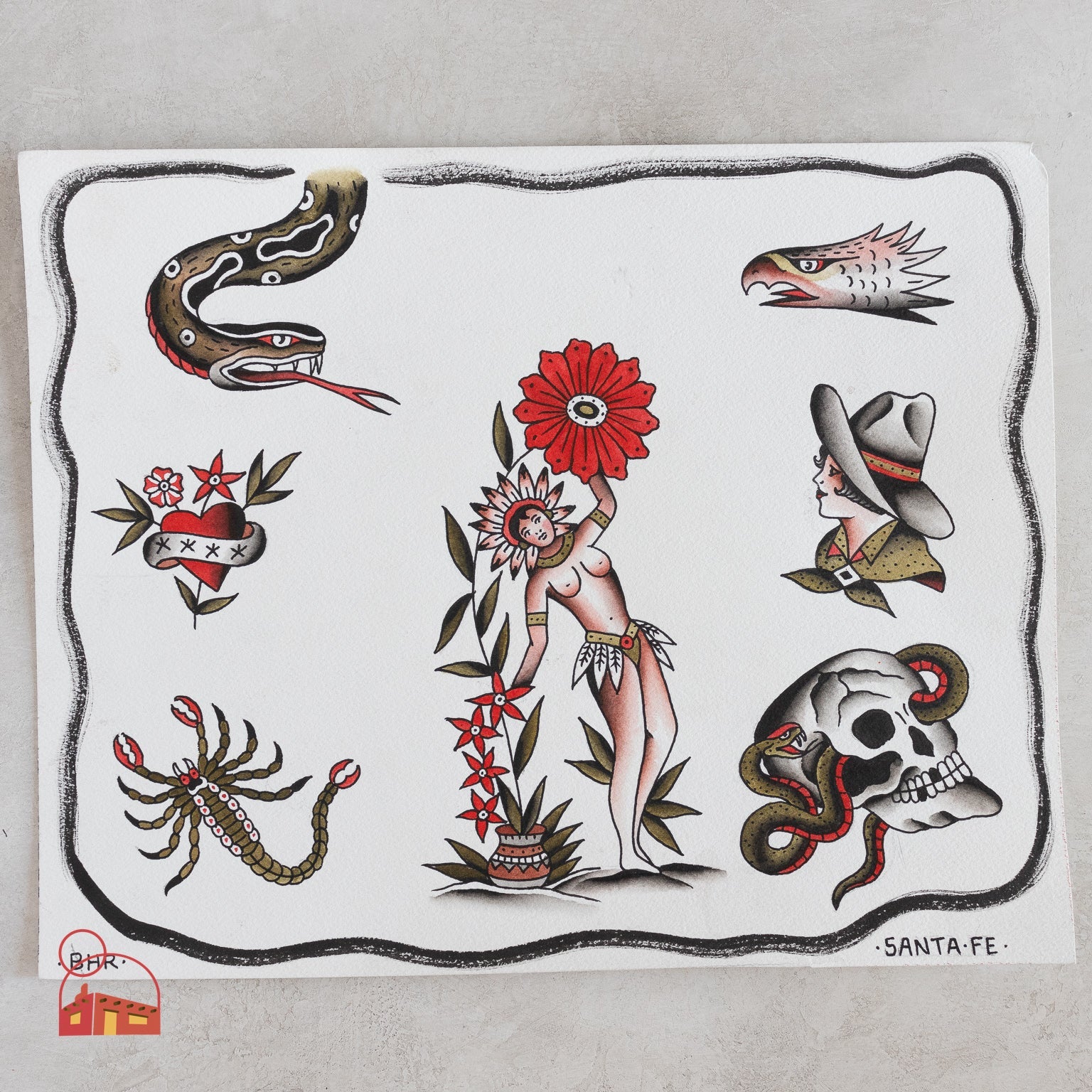Santa Fe Original Ink and Watercolor Tattoo Art – Bold, Timeless Imagery - Homekeep Studio